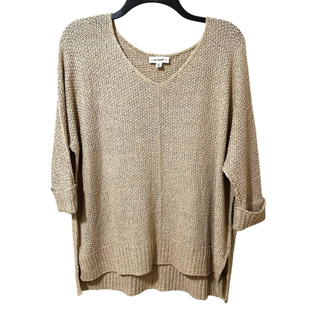 EE:SOME tan loose knit v-neck 3/4 sleeve oversize tunic sweater size S/M